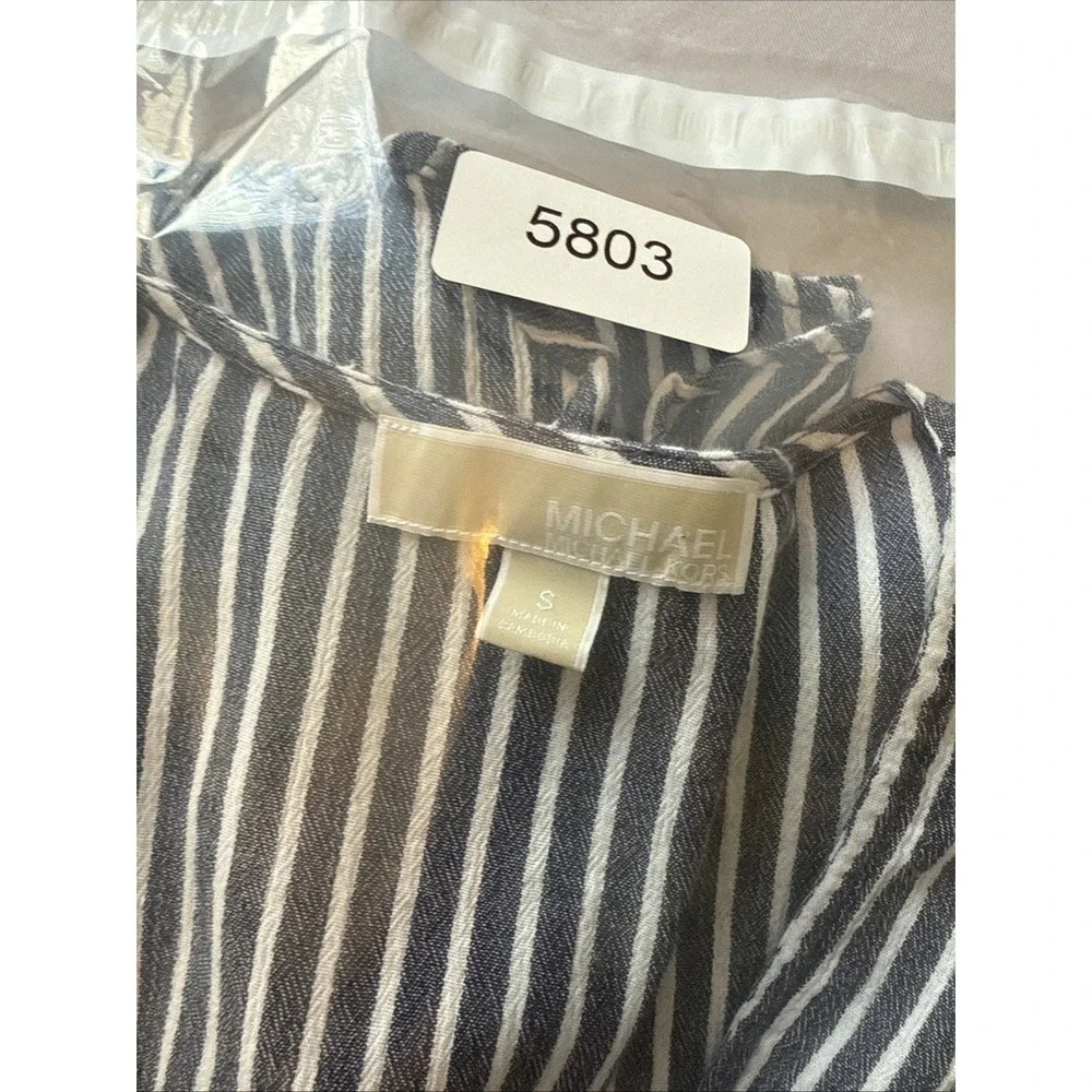 Michael Kors Blue White Striped Ruffle Flutter Sleeve Wrap Bubble Top S Nautical
